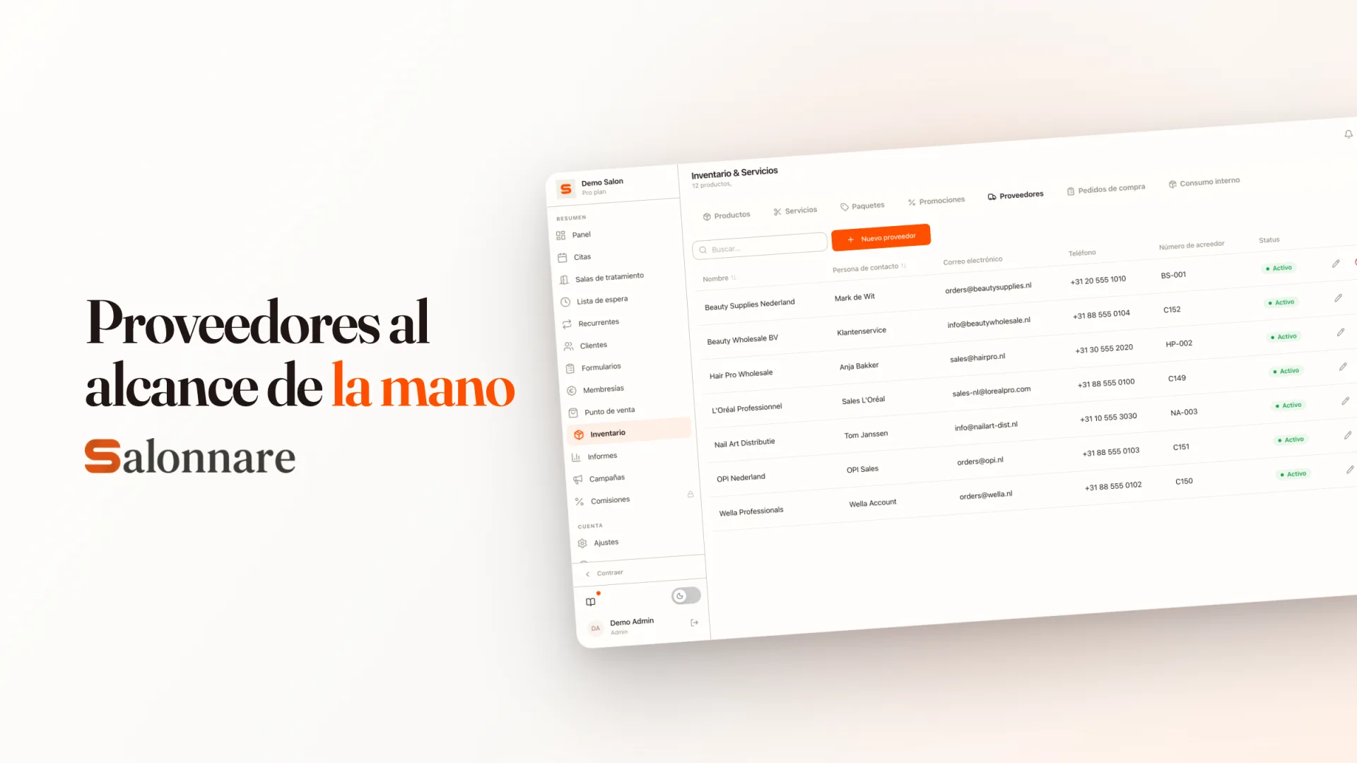 Proveedores y datos de contacto
