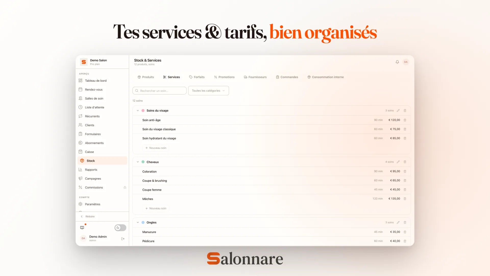 Services avec prix et durée